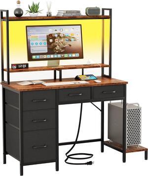 Computer Desk with Hutch, Gaming Desk with Power Outlets & LED Ligthts & 5 Fabric Drawers, Home Office Desk with 2 Tiers Storage Shelves for Display, 39" PC Gamer Table for Bedroom, Rustic Brown