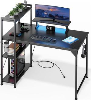 OMICON Computer Desk with LED Light, 42-55 Inch Gaming Desk with Reversible Storage Shelves, Office Desk with Power Outlets Corner Desk for Home Office, Small Space Desk Black Carbon Fiber (42)