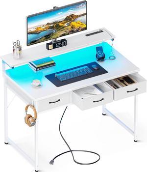 ODK 40 Inch Small Computer Desk with 3 Drawers and USB Power Outlets, Home Office Desks with LED Lights and Adjustable Monitor Stand, Work from Home, Modern Work/Writing/Study Table for Bedroom, White