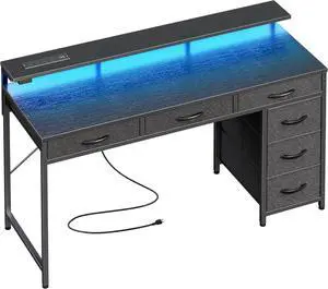 Huuger Gaming Desk with 6 Drawers, Computer Desk with LED Lights Power Outlets and Type-C, 47 Inch Office Desk with Storage, Monitor Stand, Writing Desk Work Desk Home Office, Bedroom, Study, Black
