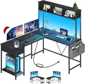 Yoobure L Shaped Desk Gaming Desk with LED Strip & Power Outlet, Reversible L-Shaped Computer Desk with Storage Shelf & Drawer, Corner Desk with Storage Bag, 2 Person Home Office Desk, Black