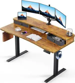 HUANUO 55 x 26 Electric Standing Desk with 2 Drawers, C-Clamp Mount Compatible, Height Adjustable Computer Desk, Home Office Stand Up Desk with 4 Preset Heights & 2 Hooks, Vintage Brown