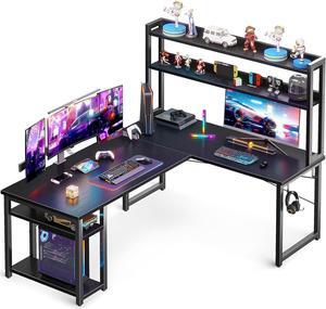 ODK 59 Inch L Shaped Gaming Desk with Hutch, Computer Desk with Storage Shelves, L Shaped Desk for Home Office, Corner Desk with Headphone Hook, Black