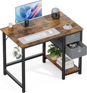 Sweetcrispy Small Computer Desk with Drawers 40 Inch Office Writing Work Kids Study 2-Tier Wood Corner Table with Storage Drawers Shelf for Bedroom Home Office - Rustic Brown