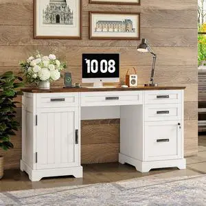 Alohappy 55'' Farmhouse Executive Desk, Home Office Desk with Drawers, Wood Computert Desk with File Cabinet and Power Outlets, White