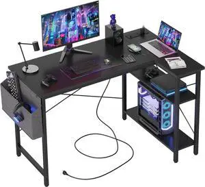 TIQLAB L Shaped Computer Desk with Power Outlets, 47 Inch Small Corner Desk with Reversible Shelves, Gaming Desk Computer Table Study Writing Table for Home Office Bedroom Small Space, Black