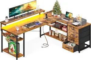 AODK 61" L Shaped Desk with Drawer, Computer Desk with Power Outlets & LED Lights, Reversible Corner Gaming Desk for Home Office Workstation, Office Desk with Monitor Shelf, Vintage
