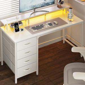 Huuger 47 Inch Computer Desk with Power Outlets and LED Lights, Gaming Desk with 4 Drawers, Office Desk with Monitor Stand, Study Desk Work Desk for Home Office, Small Spaces, White