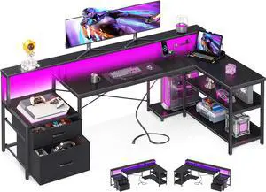 ODK L Shaped Desk with File Drawer, 75" Reversible L Shaped Computer Desk with Power Outlet & LED Strip, Office Desk with Storage Shelves, Gaming Desk with Monitor Shelf, Corner Desk, Black