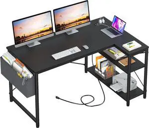 EnHomee 47" Computer Desk with Power Outlets,L Shaped Desk with Storage Shelves,Home Offic Corner Desk for Work,Writing Study Desk with Gaming Desk for Bedroom Office Dorm,Black