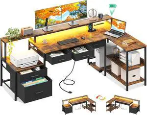 AODK L Shaped Desk with 5 File Drawers, 66" Reversible L Shaped Computer Desk with Power Outlet & LED Strip, Office Desk with Storage Shelves, Gaming Desk with Monitor Shelf, Corner Desk, Vintage