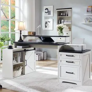 JXQTLINGMU Computer Desk with Darwers & Storage Cabinet, Home Office Desk with File Drawer, Gaming Desk with Monitor Stand & Charging Station, Off White