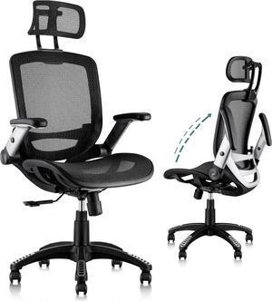 GABRYLLY Ergonomic Office Chair, High Back Home Desk Chair with Headrest, Flip-Up Arms, 90-120° Tilt Lock and Wide Cushion, Big and Tall Mesh Chairs for Man Woman, Black Task Chair
