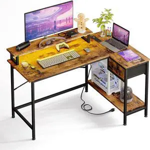 Fixwal L Shaped Gaming Desk with Power Outlets and LED Light, 43 Inch Computer Desk with Charging Port, Small Corner Desk with Drawer and Shelf, Home Office Desk with Monitor Stand, Rustic Brown