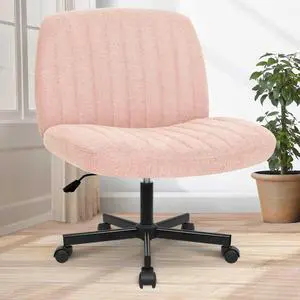 Orange Factory Criss Cross Chair with Wheels, Armless Cross Legged Office Desk Chair, Wide Comfy Vanity Rolling Swivel Modern Comfortable Fabric Computer Task Chairs for Home Office (Pink)