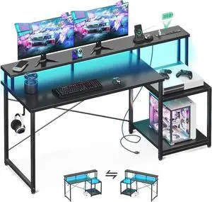 AODK Computer Desk, 56 Inch Gaming Desk with Led Lights & Power Outlet, Office Desk with Printer Storage Shelves, Reversible Desk with Monitor Shelf & Headphone Hook, Carbon Fiber Black