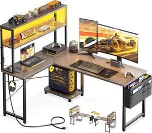 AODK L Shaped Desk Gaming Desk with LED Light & Power Outlet, 53 Inch Reversible L Shaped Computer Desk with Shelf, Corner Desk with Storage Bag&Hook for Home Office Desk, Grey Oak