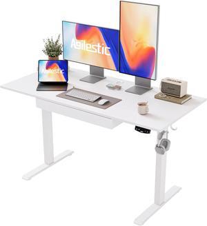 Adjustable Height Electric Standing Desk with Storage Wooden Drawer, 48 x 24 Inches Stand Up Home Office Computer Gaming Table with Splice Board for Work Office Home, White
