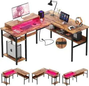 Unikito L Shaped Computer Desk with Magic Power Outlets and Smart LED Light, Sturdy Reversible Corner Desk with Monitor Stand & Storage Shelves, Home Office Work Desk, Easy to Assemble, Rustic