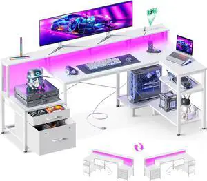 AODK 71 Inch L Shaped Gaming Computer Desk with USB Charging Ports & Power Outlets, Home Office Writing Corner Desk with Drawers and Monitor Stand, Study Table with LED Lighting, White