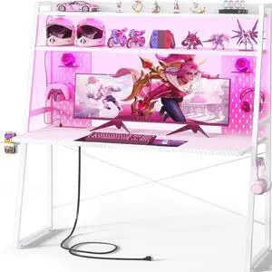 Gaming Desk with Hutch and LED Lights, Gaming Computer Desk with Power Outlets, Gamer Desk with Storage Shelves, PC Gaming Desk with Pegboards for Bedroom, Carbon Fiber White, 49"
