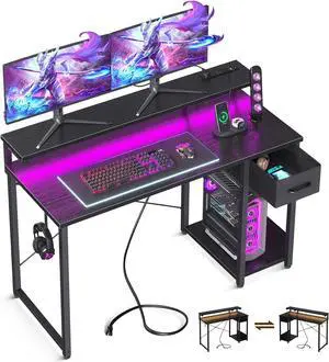 AODK Gaming Desk with LED Lights & Power Outlet, 48 Inch Computer Desk with Drawer, Reversible Desk with Adjustable Monitor Shelf & Headphone Hook for Home Office, Black