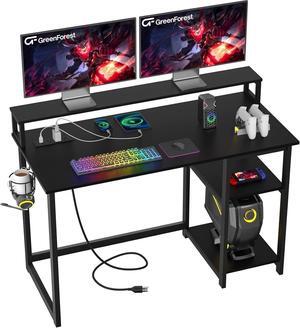 GreenForest 47 inch Gaming Desk with Power Outlets, Small Home Office Desk with Ergonomic Monitor Stand, Reversible Computer Desk, Modern Study Desk, Laptop Desk,Black