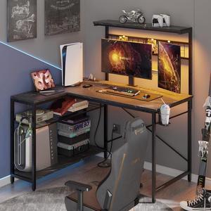 Bestier 42 L Gaming Desk,Computer Desk with Power Outlets, LED Lights, Reversible Corner Desk with 4-Tier Shelves,Cup Holder & Hook Black Marble