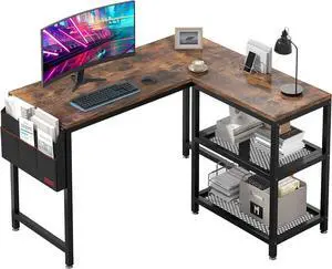 VECELO L Shaped Computer Desk with Storage Shelves & Bag, 49 Inch Corner Study Writing Table for Home Office Bedroom, L-Shaped Gaming PC Desks