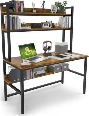 Aquzee Computer Desk with Hutch, 47in Wide Desk with Shelves, Tall Home Office Desk with Bookshelf, Metal Legs Study Table with Upper Storage Shelf for Study Writing/Workstation 47W x 23.6D x 65H