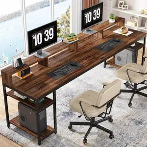 Tribesigns Two Person Desk with Monitor Stand, 78.74" Long Double Computer Office Desk with Storage Shelves, Large Gaming Desk Study Writing Table Workstation for Home Office (Rustic Brown)