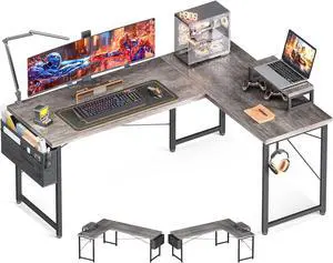 Casaottima L Shaped Computer Desk with Storage Bag, 57.5 Inch Reversible Gaming Desk, Home Office Corner Desk with Monitor Shelf, Space-Saving Writing Workstation Desk, Easy to Assemble, Grey Oak