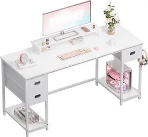 Pamray 55 Inch Computer Desk with Non-Woven Storage Drawers and Monitor Stand Home Office Desk for Bedroom Study Table Writing and Work Desk White