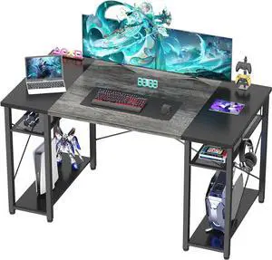 55.2 Inch Gaming Computer Desk, Large Office Desk with 4 Storage Shelves, 55.2'' Study Writing Table with CPU Stand, Sturdy PC Desk for Home Office, Bedroom, Gaming Room, Grey and Black