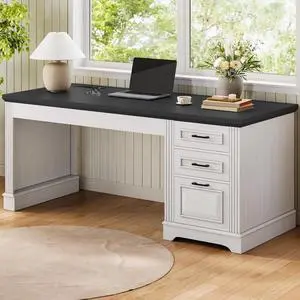 Itaar Farmhouse 55" Executive Desk, Computer Desk with Storage Drawers and Power Outlet, Home Office Desk, Workstation for Office Home, White