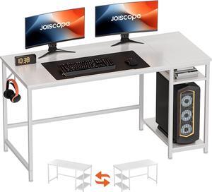 JOISCOPE Home Office Desk with Double Reversible Side Shelves and Headphone Hooks, Computer Desk for Working, Gaming, Studying, 55 inches, White
