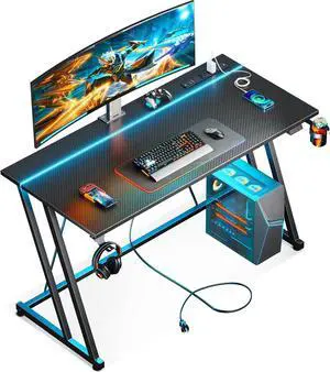 MOTPK Gaming Desk with LED Lights & Power Outlet, Computer Desk 47inch for Small Space, Cheap Gaming Table with Carbon Fiber Texture, Kids Desk Gift for Boys Men, Black