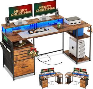 Computer Desk with 3 File Cabinet Drawers, 57.8'' Reversible Gaming Desk with LED Lights and Power Outlets, Office Desk with Storage Shelves for Home & Office (Rustic Brown)