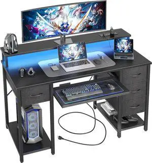 TIQLAB Computer Desk with Drawers and Power Outlets, 47 Inch Gaming Desk with LED Lights, Home Office Desk with Monitor Stand and Keyboard Tray, Study Writing Work Desk for Home Office, Black