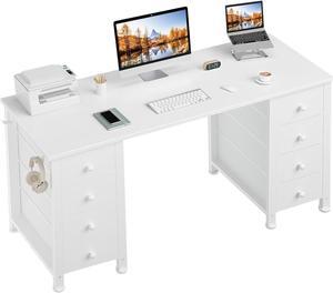 White Computer Desk with Drawers for Storage - 55 inch Home Office Desk with 8 Fabric Drawers, Writing Study Desk with Drawers on Both Sides for Bedroom