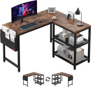 VECELO L Shaped Desk, 47 Inch Computer Gaming Study Writing Table, Home Office Workstation with Storage Shelves & Bag
