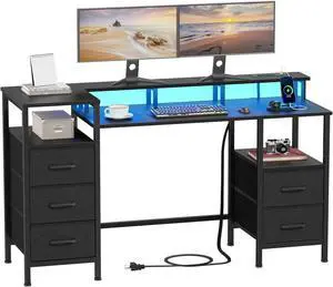Computer Desk with Power Outlets & LED Lights, Reversible Gaming Desk with 5 Fabric Drawers for Bedroom, 47 Inch Home Office Desk with Monitor Stand & Storage Shelves for Working, Black
