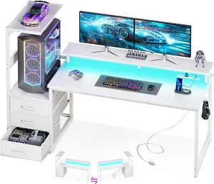AODK 59 Inch Gaming Desk with USB Charging Ports & LED Light- Reversible Computer Desk with Storage Shelves & Monitor Stand, Modern Gamer Desk Table with Fabric Drawers & Side Hook, Carbon Fiber White