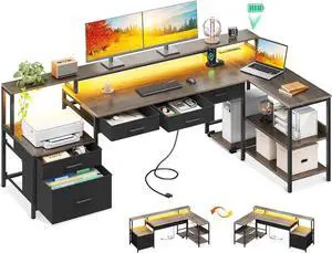 AODK L Shaped Desk with 5 File Drawers, 75" Reversible L Shaped Computer Desk with Power Outlet & LED Strip, Office Desk with Storage Shelves, Gaming Desk with Monitor Shelf, Corner Desk, Grey Oak