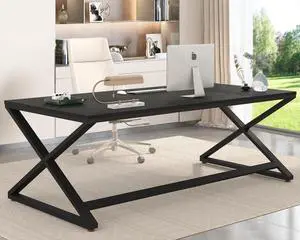 LVB Large Black Desk, 70.8 Long Computer Desk for Home Office, Modern Wide Executive Work Desk for Writing Study, Simple Wood Metal Computer Table Gaming Desk Workstation in Bedroom, Black Oak, 70 in
