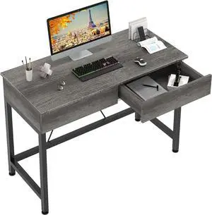 CAIYUN Small Desk with Drawers, 40 Wood Desks for Home Office with Storage, Simple Computer Gaming Desk for Small Space, Vanity Desk for Bedroom, Modern Writing Work Kids Study Desk Table, Grey Oak