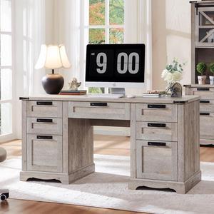 RedLemon 60" Farmhouse Executive Desk with Drawers, Wood Home Office Desk w/Charging Station, Keyboard Tray, File Drawer, Storage Cabinet, Rustic Computer Writing Desk (Light Rustic Oak)