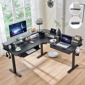 RedLemon 60 Inches L Shaped Electric Standing Desk, Height Adjustable Corner Gaming Desk with Drawers, Power Outlets & LED Lights, Comnputer Desk with Monitor Shelf, Carbon Fiber Black