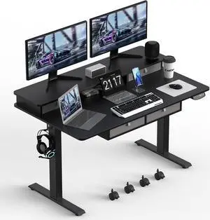 55 * 30 Inches Electric Standing Widened Desk Adjustable Height with 4 Drawers, Double Storage Shelves Stand Up Desk, Home Office Workstation Sit Stand up Desk (Classical Black)