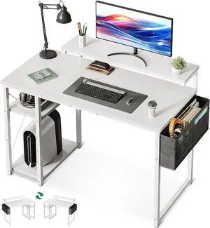 KKL 40 inch Small Computer Desk with Adjustable Monitor Stand, Home Office Desk & Workstation with Storage Shelves, Reversible Work Writing Study Table for Bedroom, White